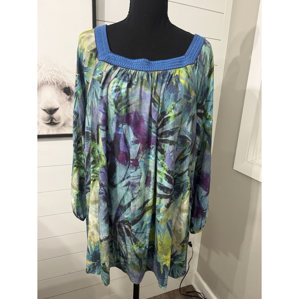 Soft Surroundings Women's Blue Green Blouse Size Medium 3/4 Sleeve